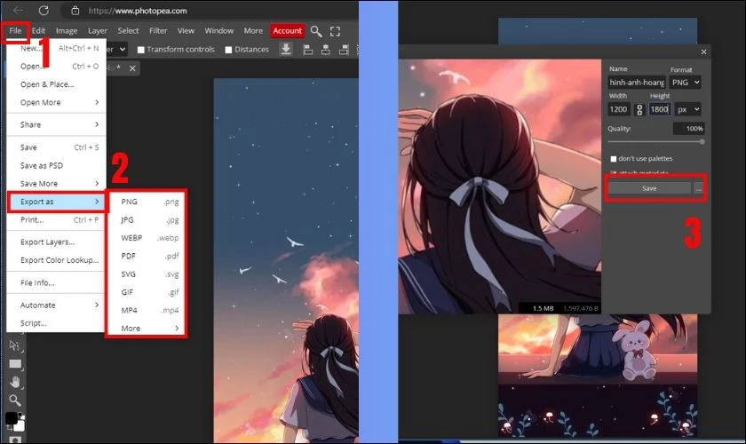 Nhấn File, nhấn chọn mục Export As, chọn định dạng JPG hoặc PNG