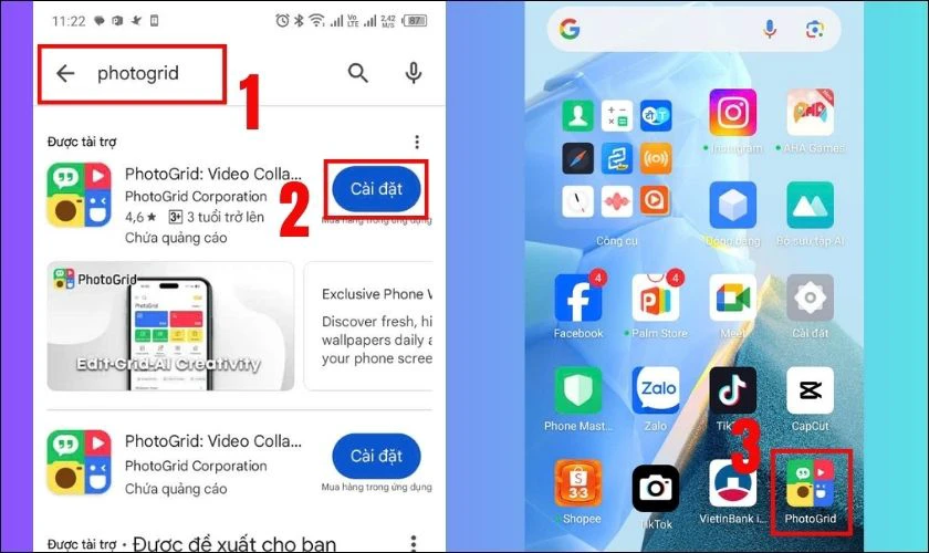 Tìm kiếm PhotoGrid, sau đó nhấn cài đặt để tải về