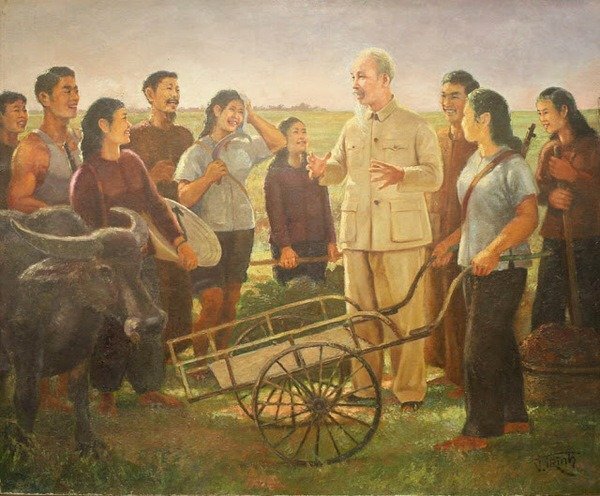 Hình ảnh tranh vẽ Bác Hồ đang trò chuyện hỏi thăm công việc của những người nông dân