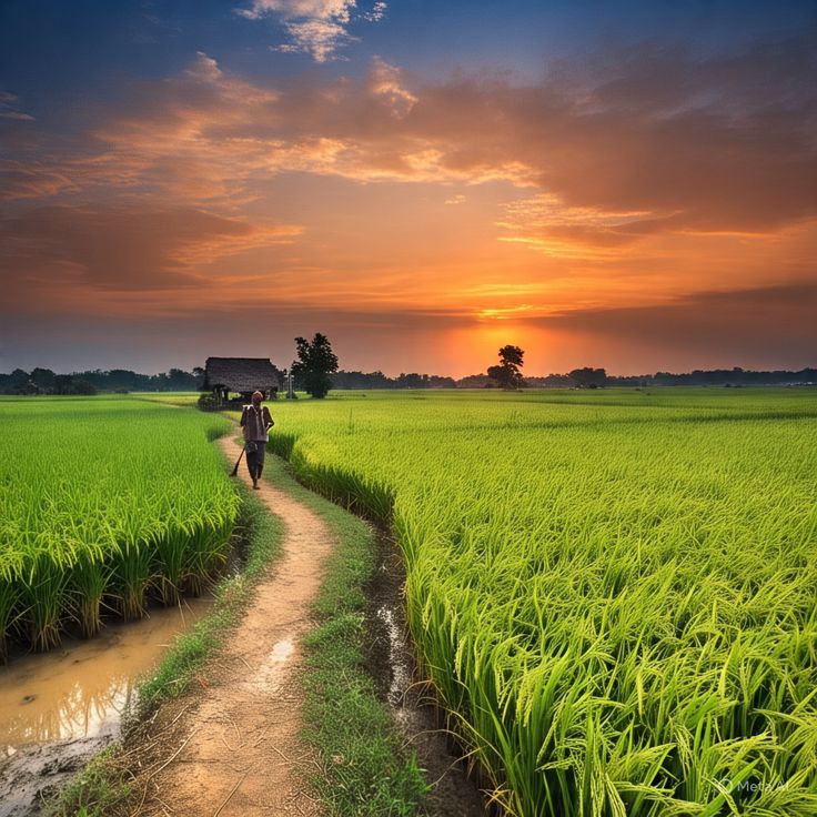 Cảnh quê yên bình có người nông dân ra đồng khi trời còn sớm