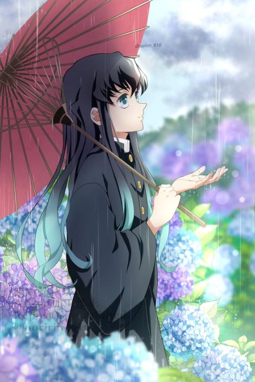 Muichirou dưới mưa cùng ô đỏ