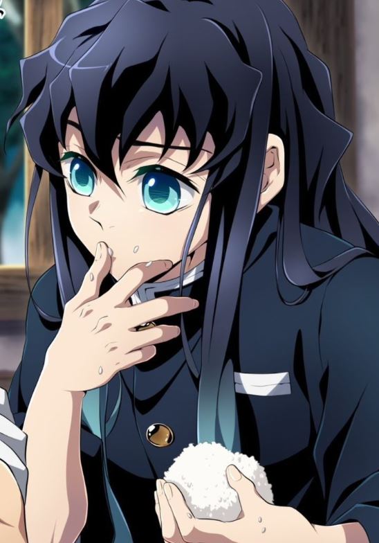 Muichirou đang ăn cơm nắm đầy đáng yêu