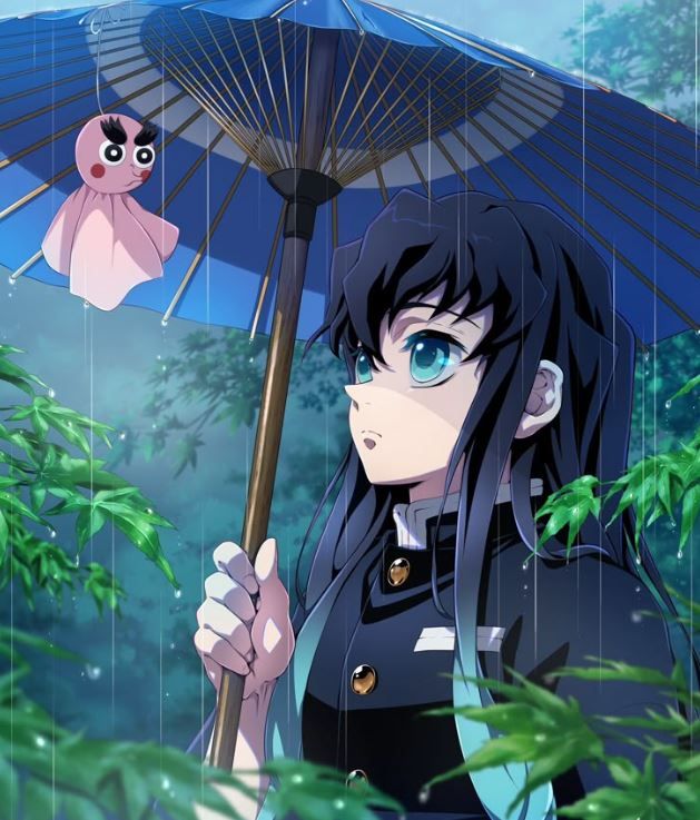 Muichirou cầm ô xanh giữa cơn mưa rừng