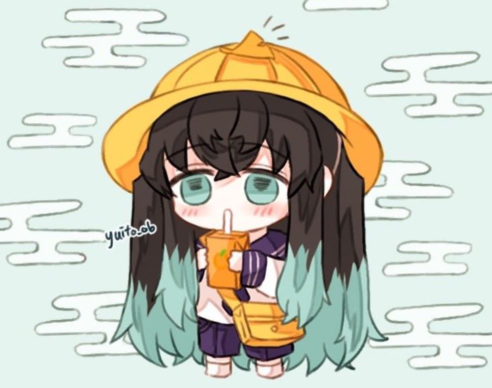 Muichirou đội mũ vàng uống nước cam