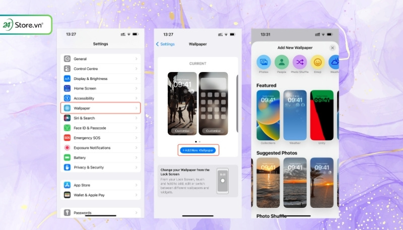 Cách cài đặt hình nền màu tím cho điện thoại