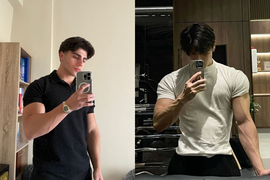 Chụp ảnh nửa thân trên trước gương giúp tôn lên vẻ ngoài mạnh mẽ và tự tin của nam giới