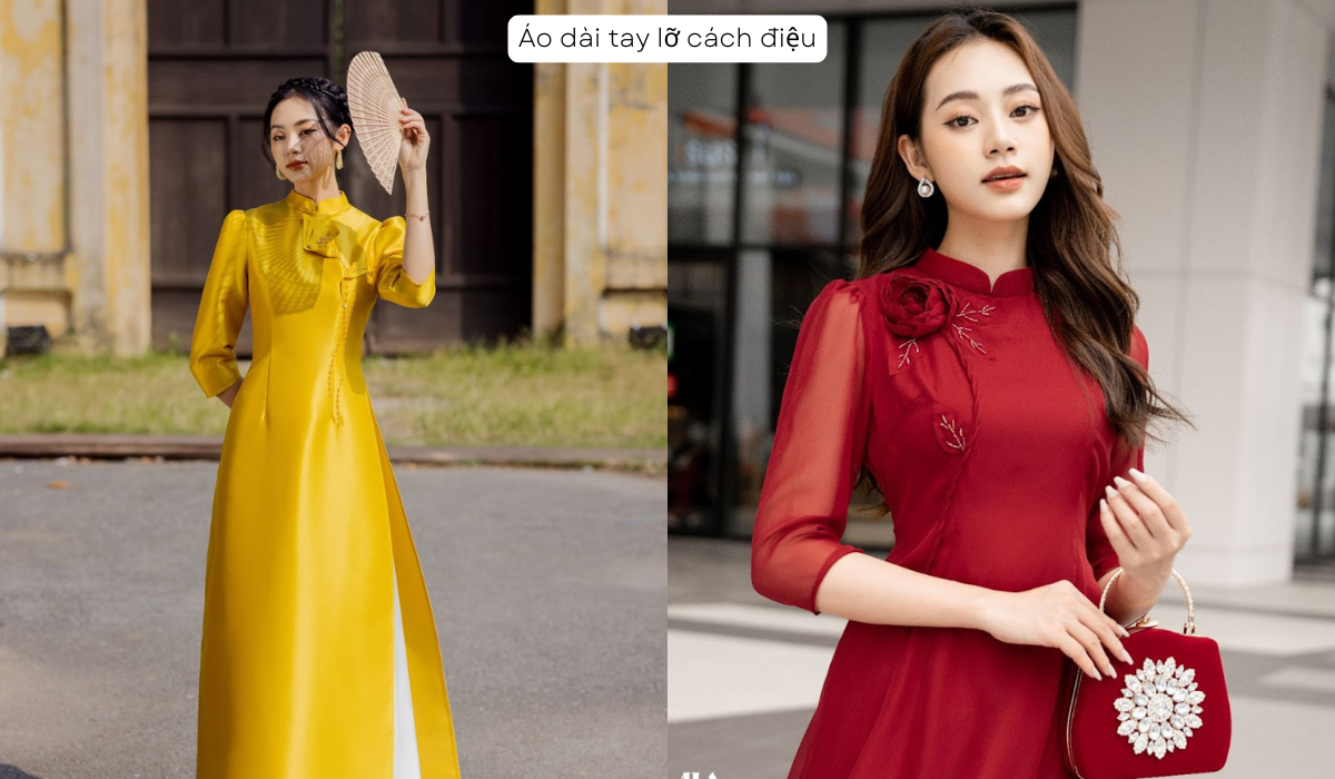 Áo dài tay lỡ thiết kế cánh tiên