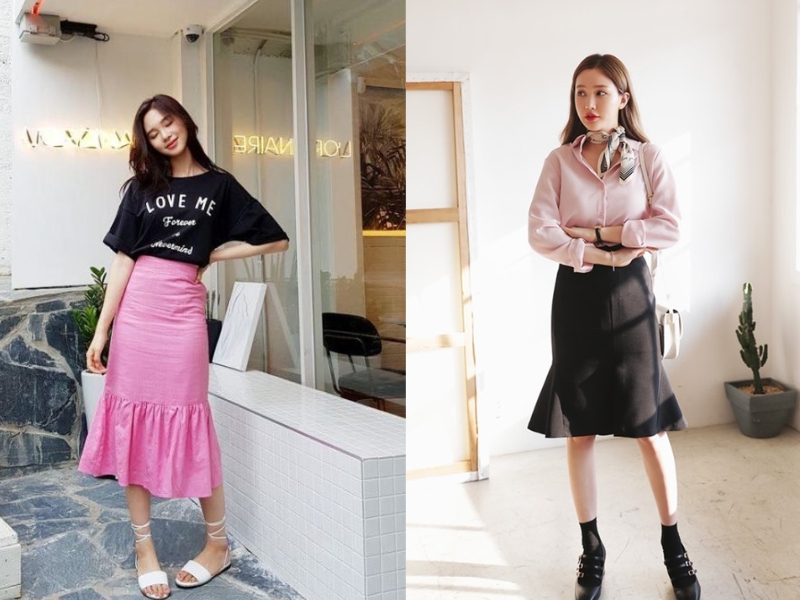 chân váy đuôi cá phối với giày gì