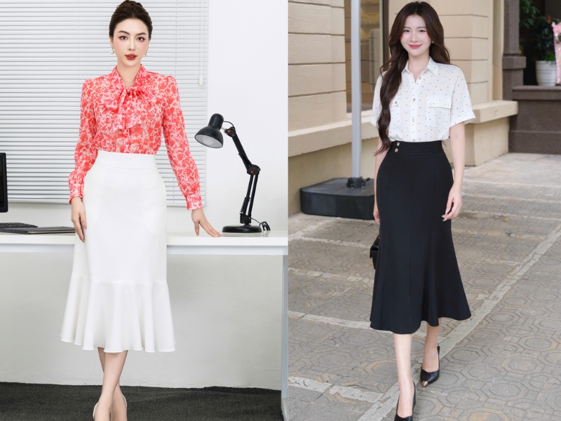 chân váy đuôi cá mặc với áo gì