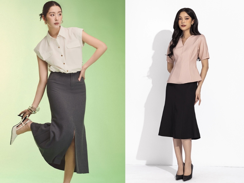 chân váy đuôi cá mặc với áo gì