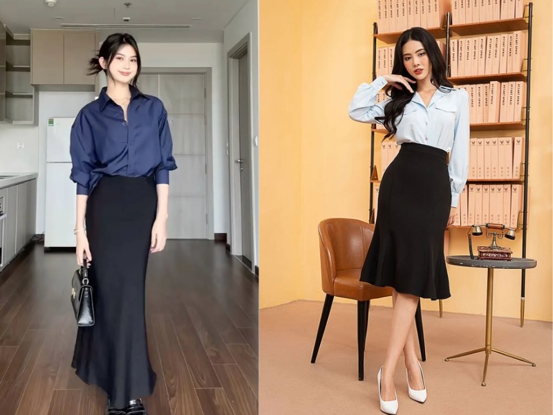 phối đồ với chân váy đuôi cá dài