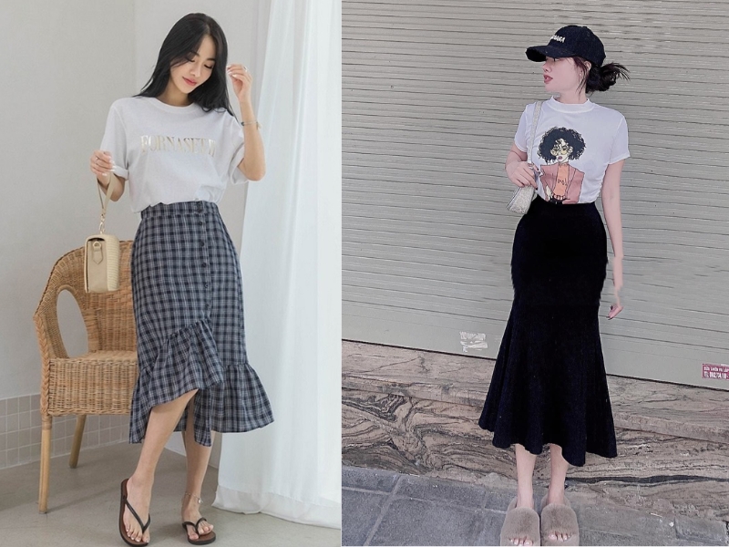 chân váy đuôi cá phối với giày gì