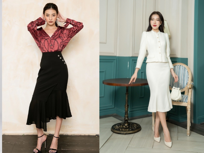 phối đồ với chân váy đuôi cá dài