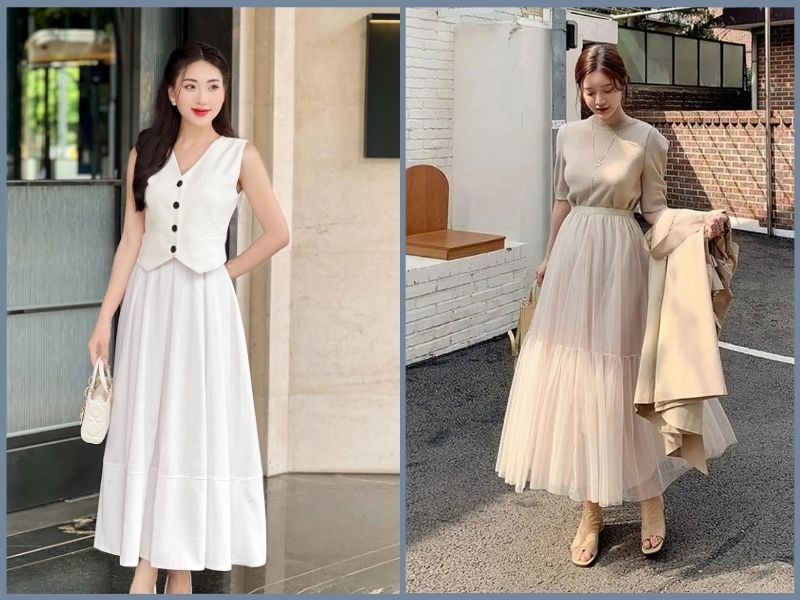 phối đồ với chân váy dài cho người lùn