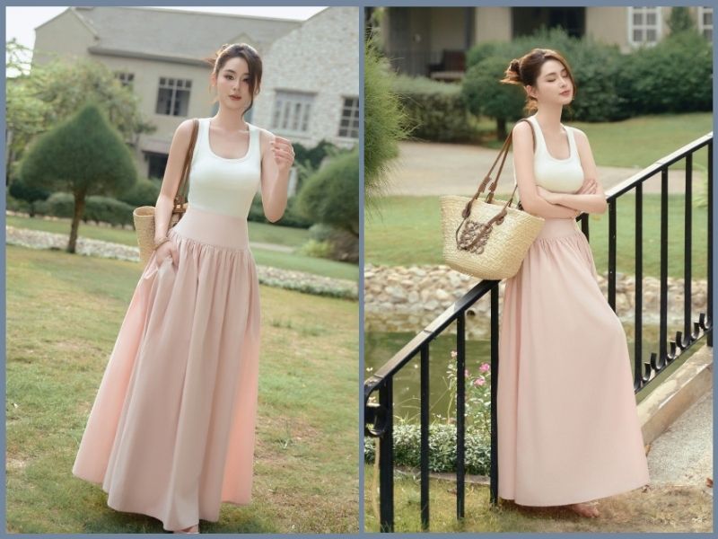 phối chân váy dài cho người lùn