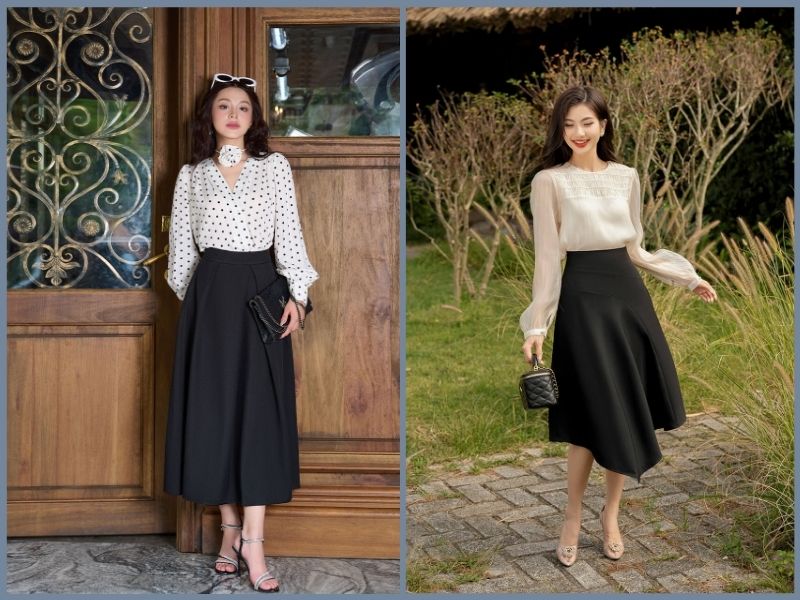 phối đồ với chân váy dài cho người lùn