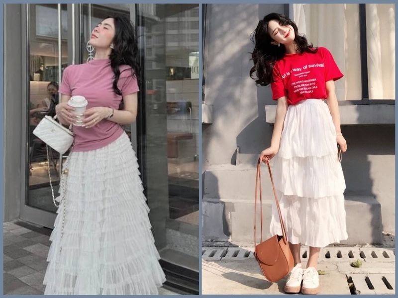 phối đồ với chân váy dài cho người lùn