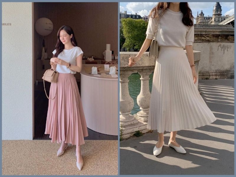 cách phối chân váy dài cho người lùn