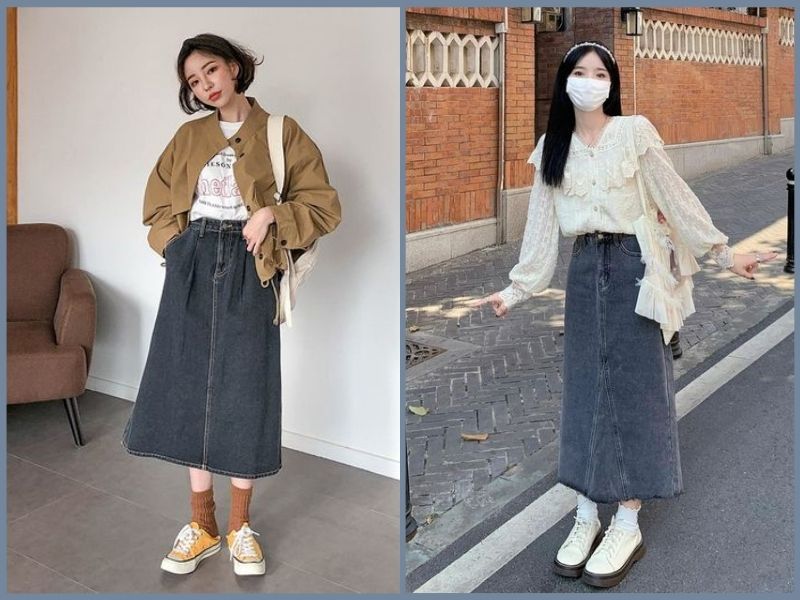 phối đồ với chân váy bò dài cho người lùn