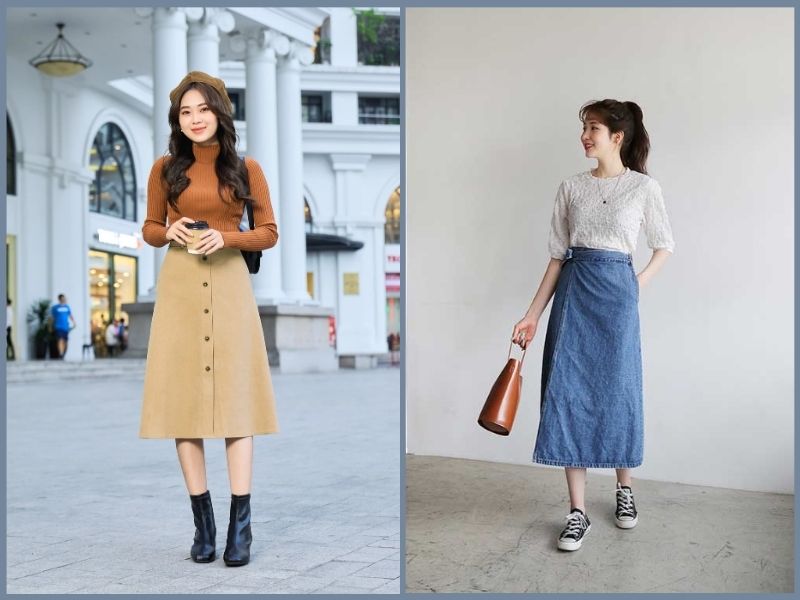 cách phối chân váy dài cho người lùn