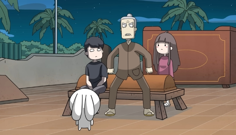 Ảnh ông Năm và thỏ 7 màu nhìn nhau trìu mến