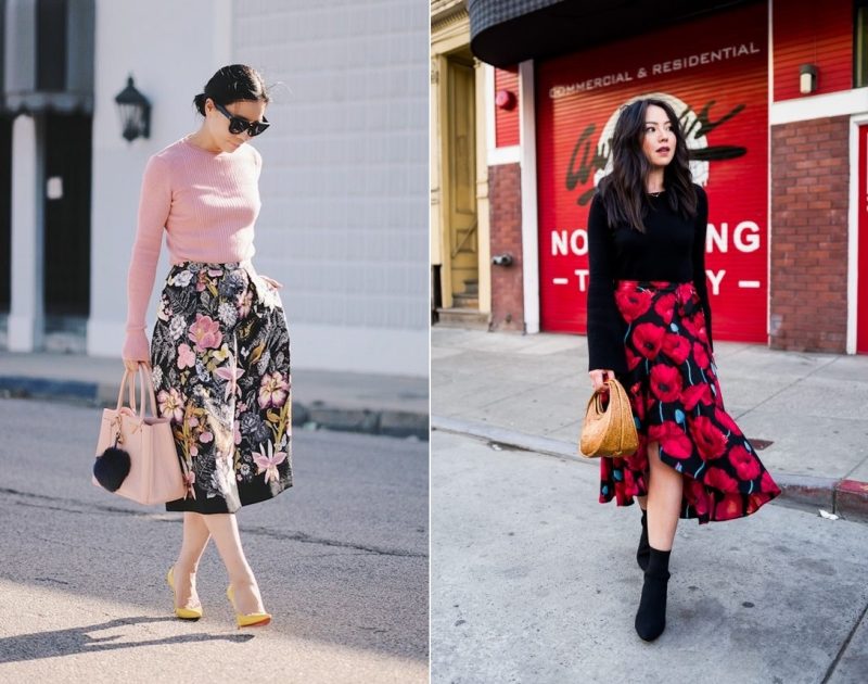 Cách phối đồ với chân váy hoa xòe cho người thấp
