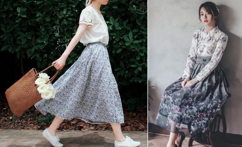 Chân váy hoa xòe đi với giày sneaker