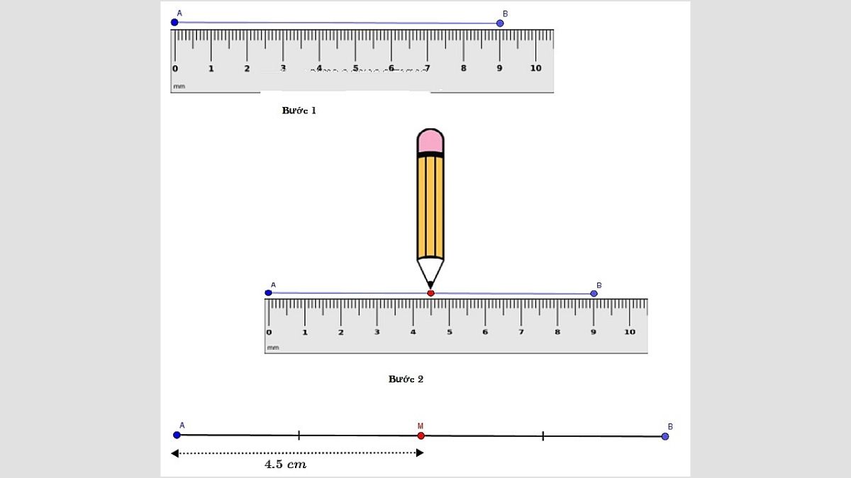 Cách vẽ trung điểm của đoạn thẳng bằng thước (Hình minh họa)