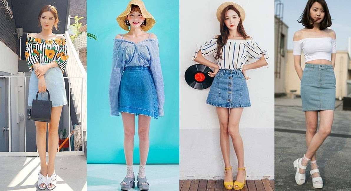 cách mix đồ với chân váy jean ngắn và áo trễ vai