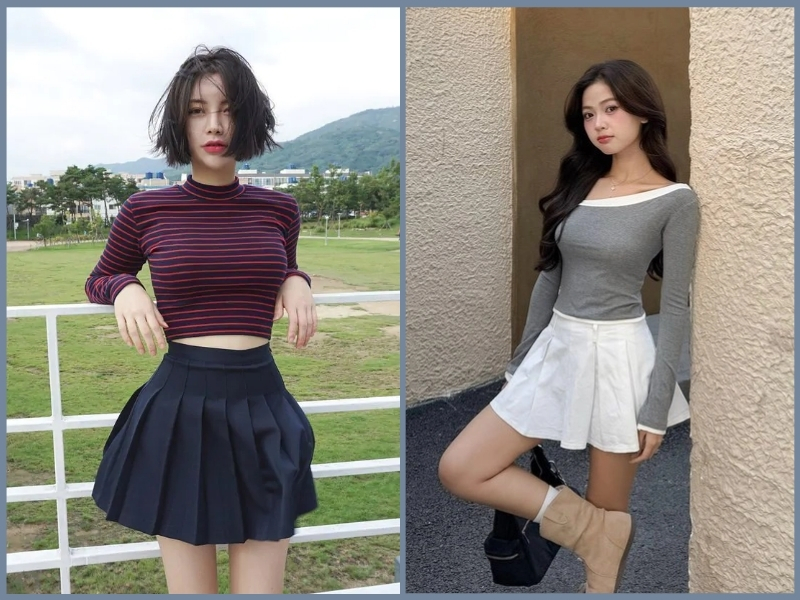 chân váy ngắn xếp ly mặc với áo gì