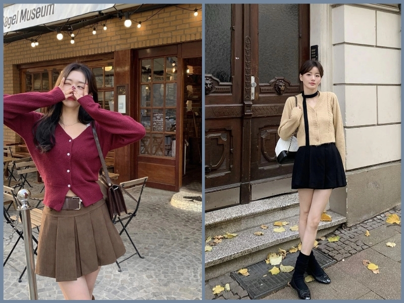 mix đồ với chân váy xếp ly ngắn