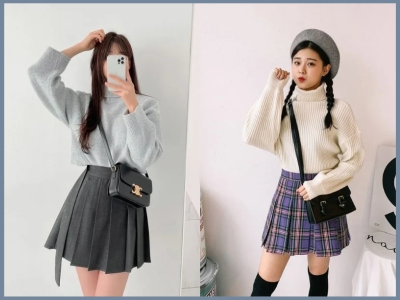 áo phối chân váy xếp ly ngắn