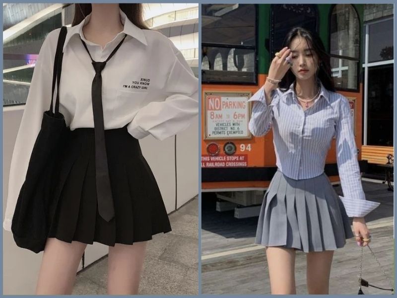 phối đồ với chân váy ngắn xếp ly