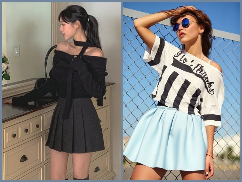 váy xếp ly ngắn phối với áo gì