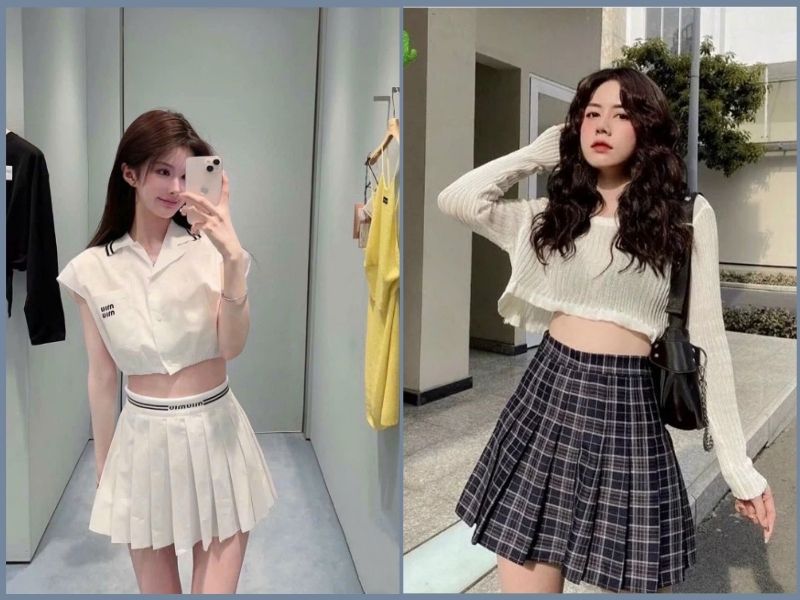 phối chân váy xếp ly ngắn cho người lùn