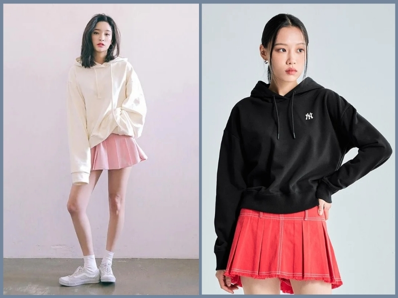 phối đồ với chân váy xếp ly ngắn mùa đông