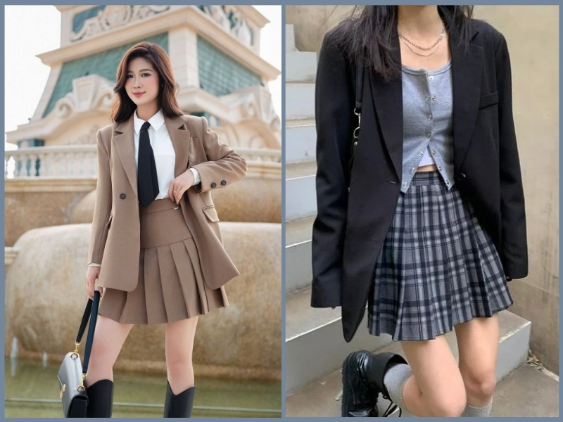 phối đồ với chân váy xếp ly ngắn mùa đông