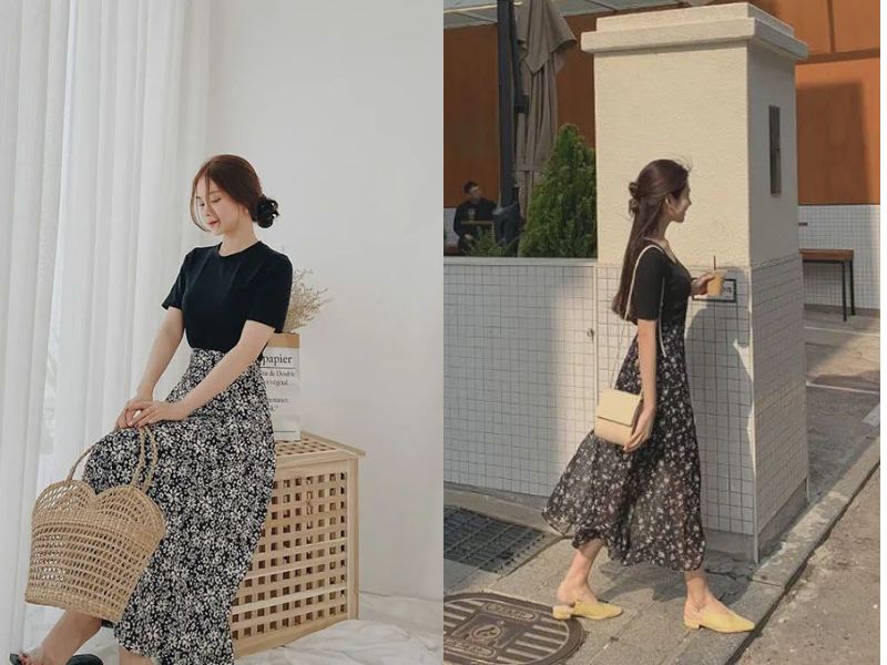 phối chân váy hoa nhí dài