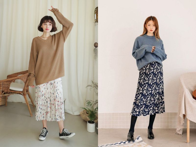 chân váy hoa nhí mặc với áo gì