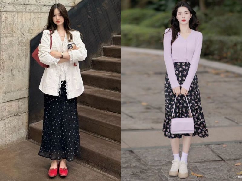 Chân váy hoa nhí dáng dài phối với áo gì? 10+ gợi ý hot nhất