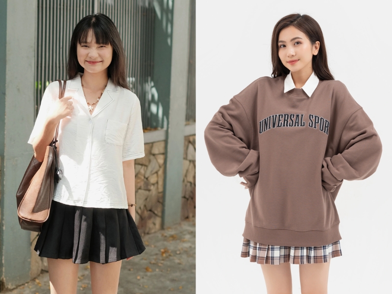 chân váy ngắn xòe kết hợp với áo gì