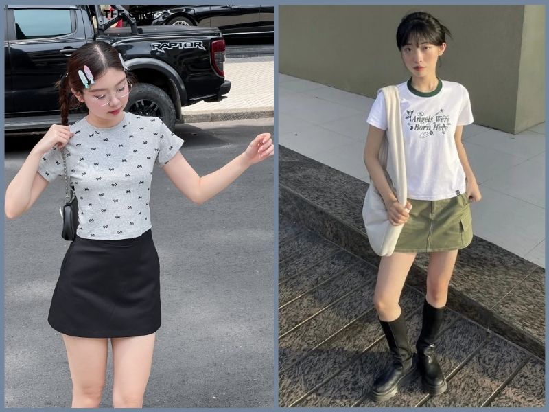 kiểu áo mặc với chân váy chữ a