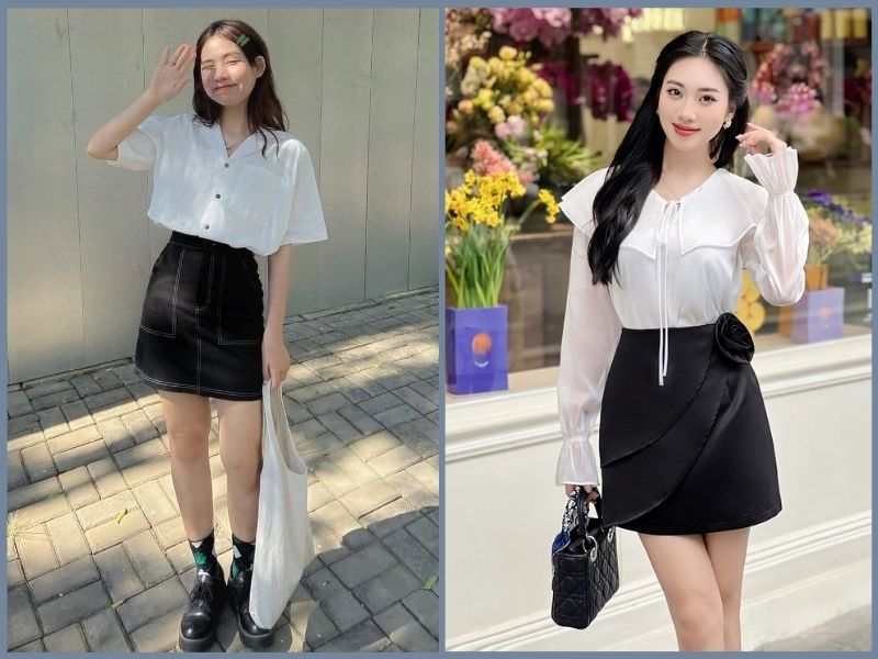 chân váy chữ a ngắn phối với áo gì