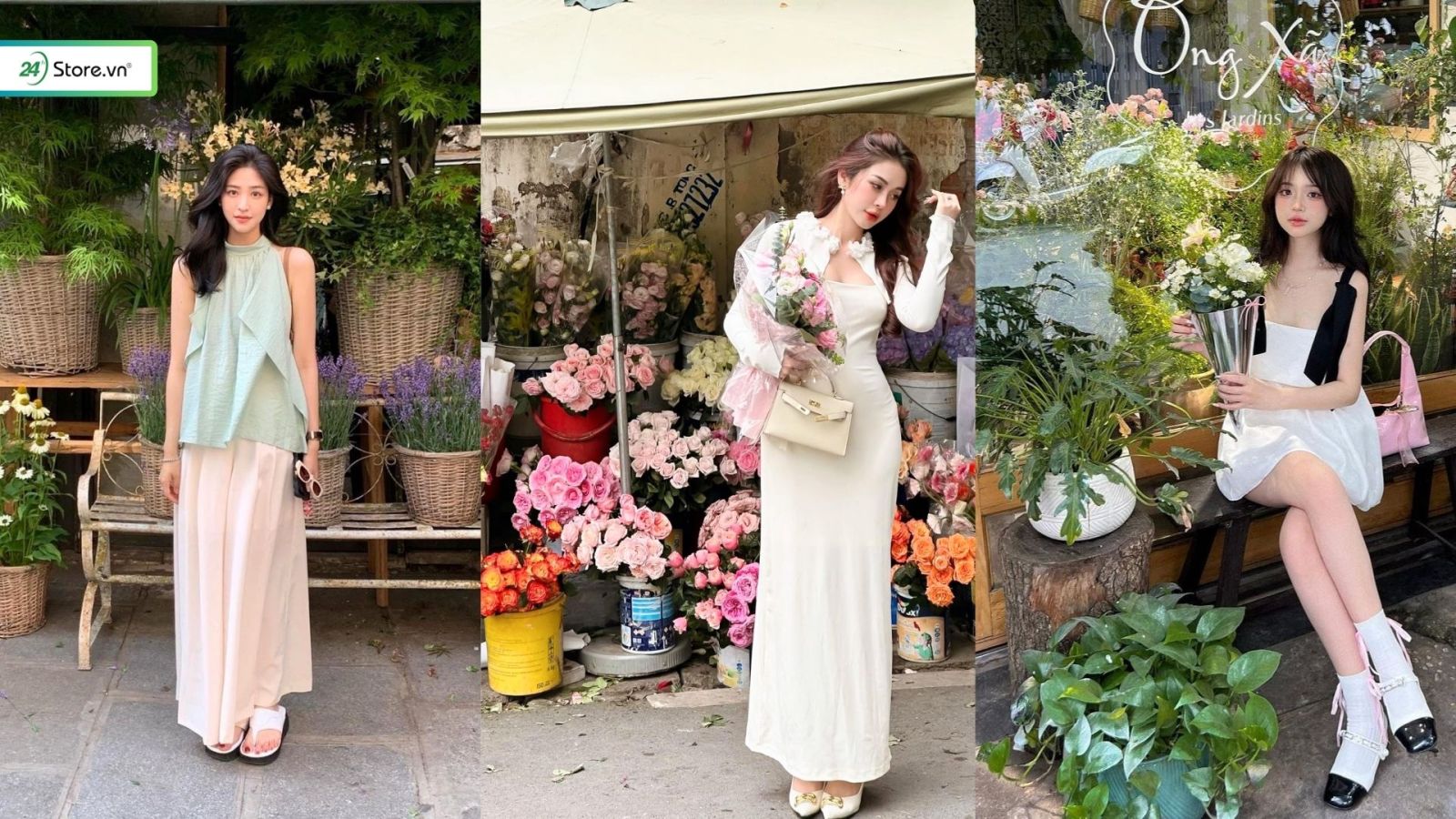 chụp ảnh trước cửa tiệm hoa