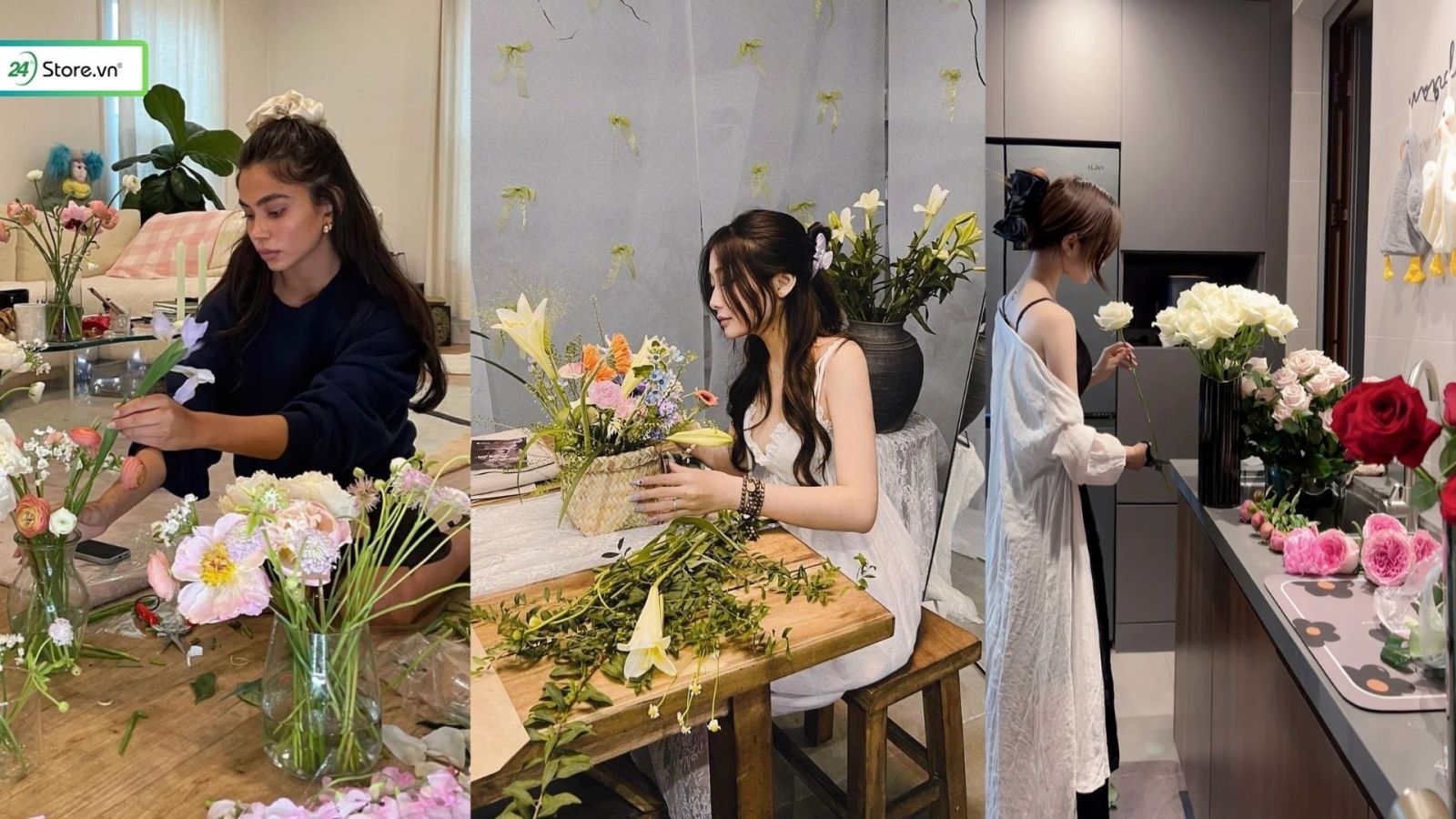 chụp ảnh đang cắm hoa