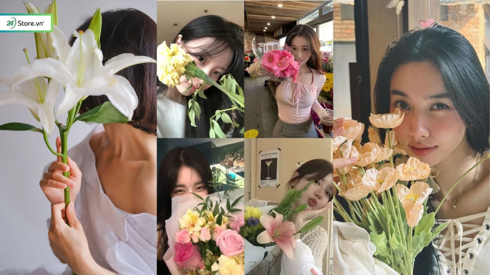 chụp ảnh với hoa che mặt