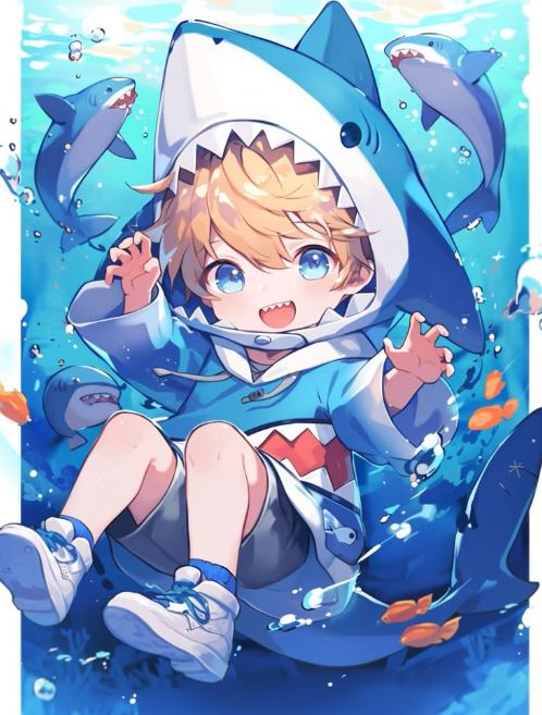 Nhóc tì cá mập anime nô đùa dưới đại dương