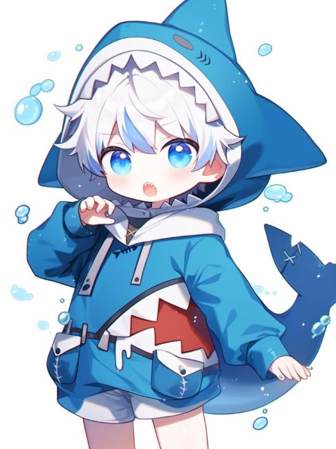 Cậu bé tóc trắng diện hoodie cá mập anime