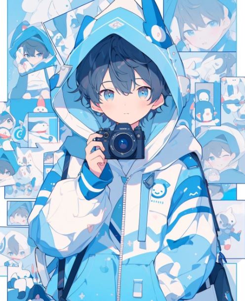 Cậu bé trong ảnh cá mập anime cầm máy ảnh