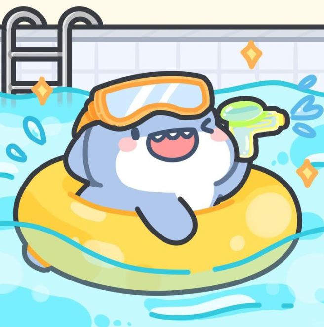 Cá mập anime nghịch nước trong hồ bơi mùa hè